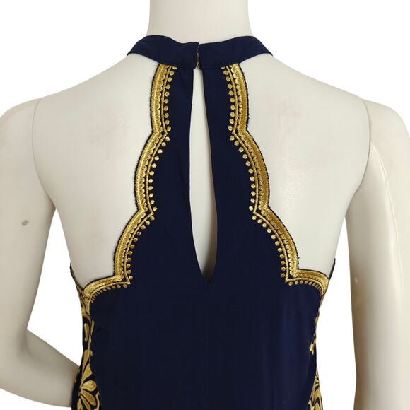 Lilly Pulitzer Quinn Halter Swing Dress Size XXS Navy Blue Gold Embroidery Lined - Picture 9 of 12